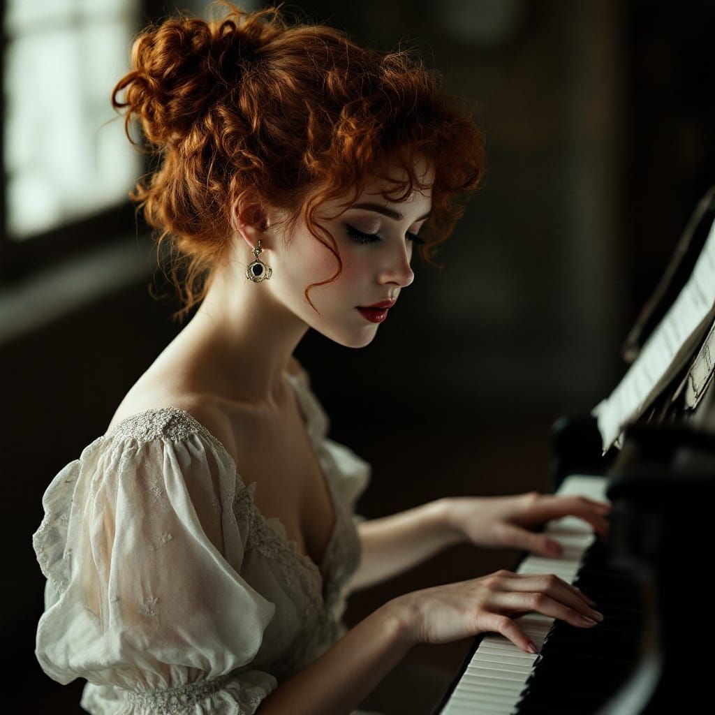 A 1930s Film-Still of a Beautiful Young Woman Playing Piano