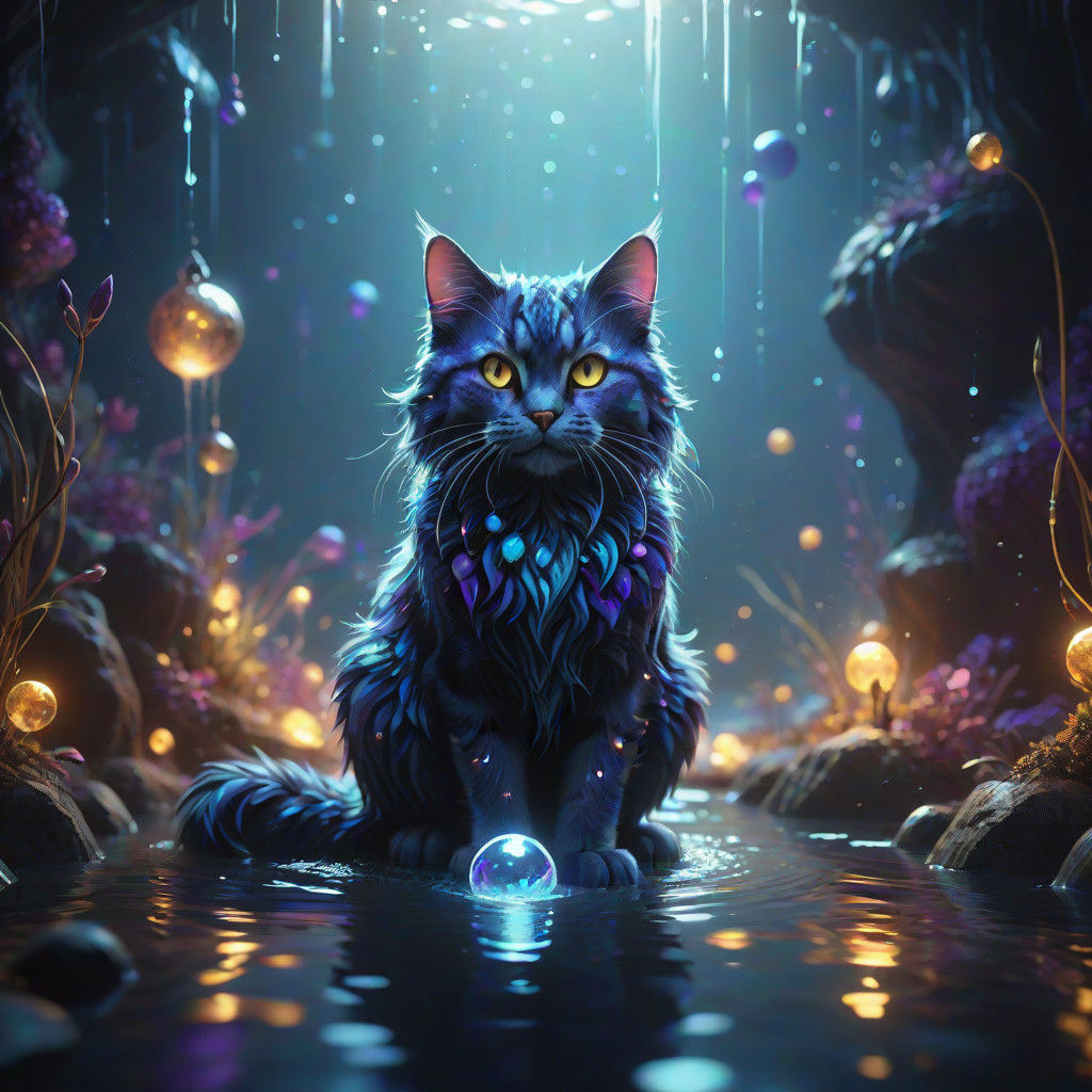 Enchanted Water Feline in Vibrant Dreamscape