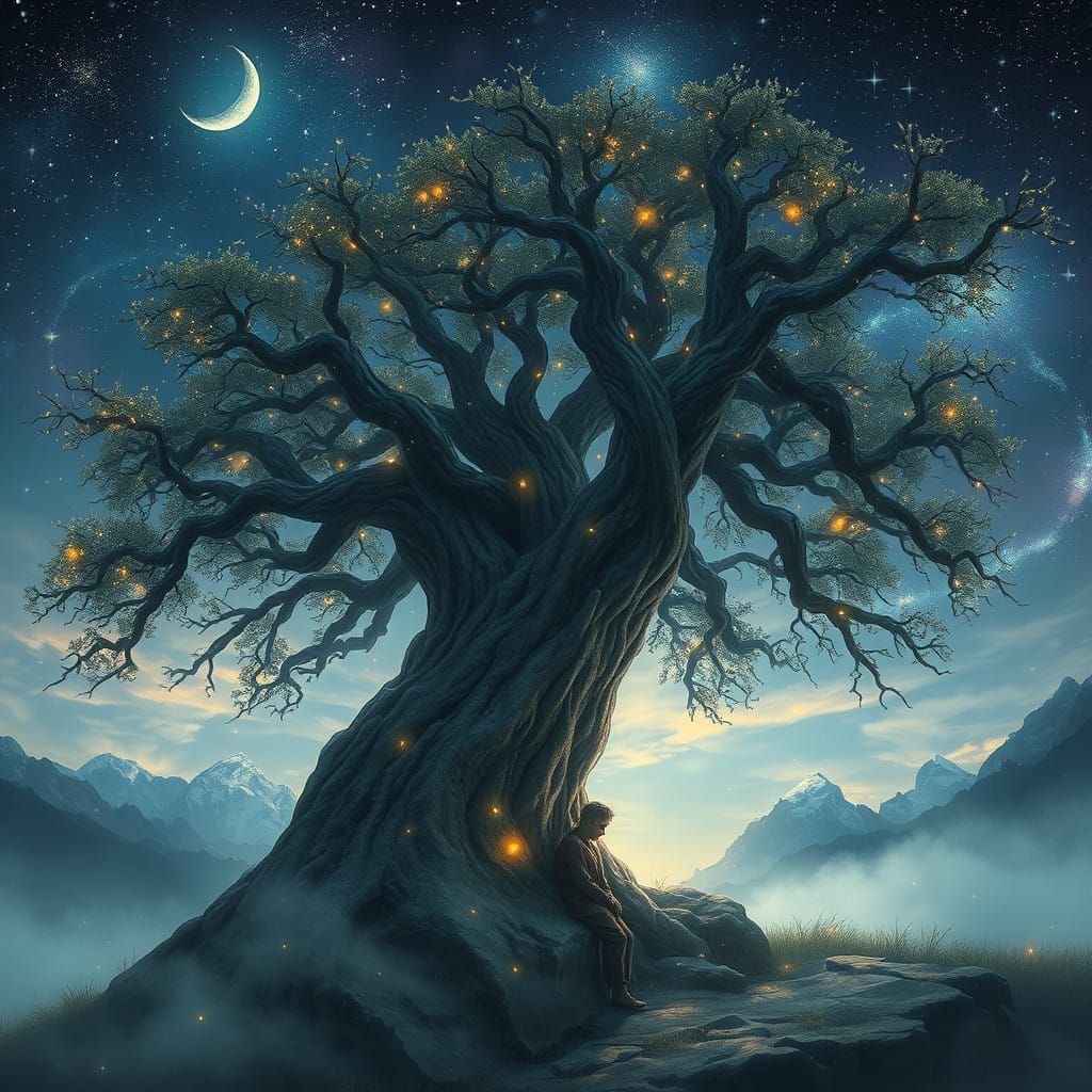 Weary Figure Finds Solace in Ancient Woodland Under Starry S...