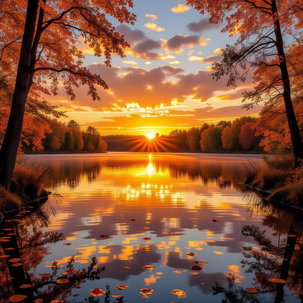 Golden Autumn Sunset Over Calm Lake