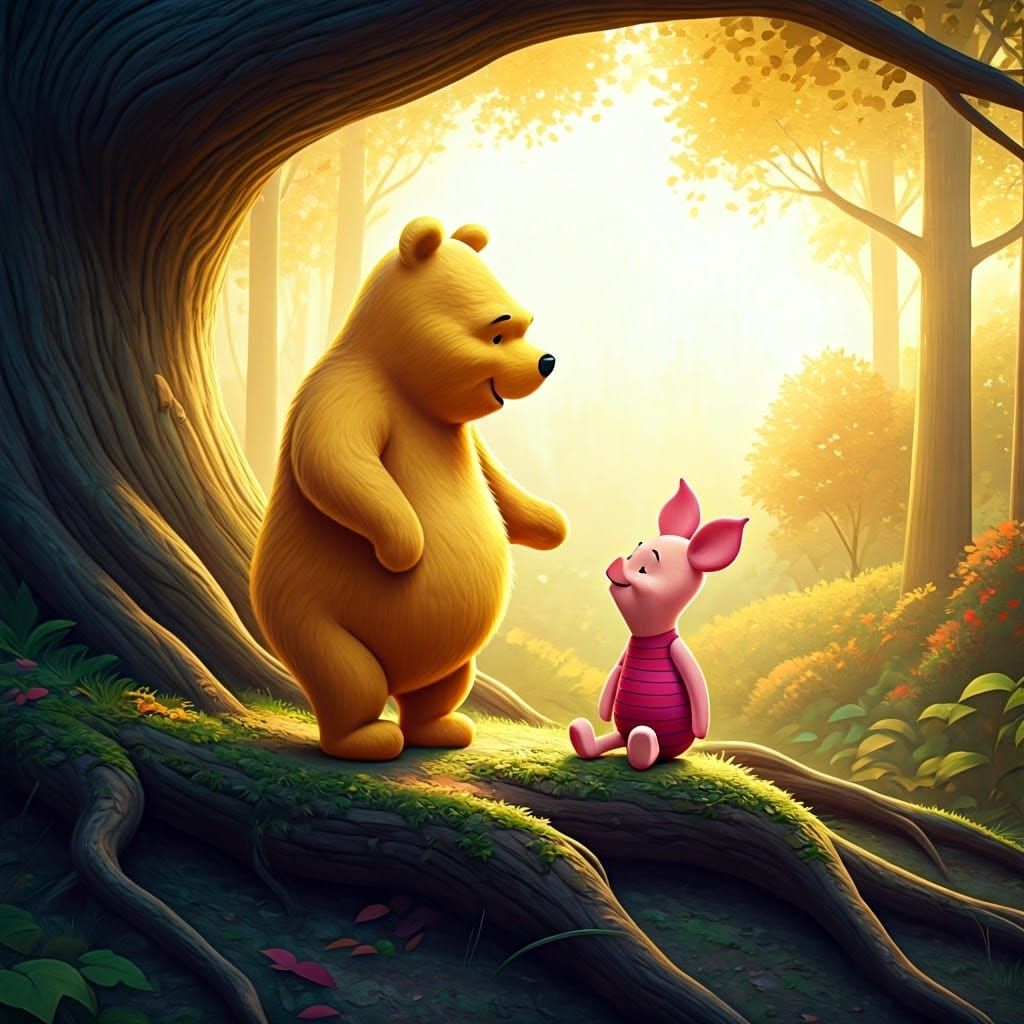 Pooh and Piglet in a Sunny Pixar-Style Wood