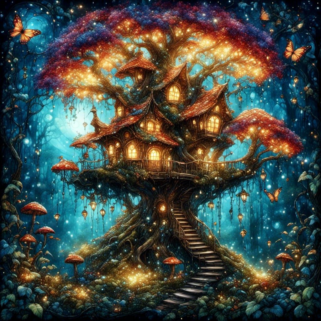 Glowing Fairy Treehouse in Watercolor and Ink