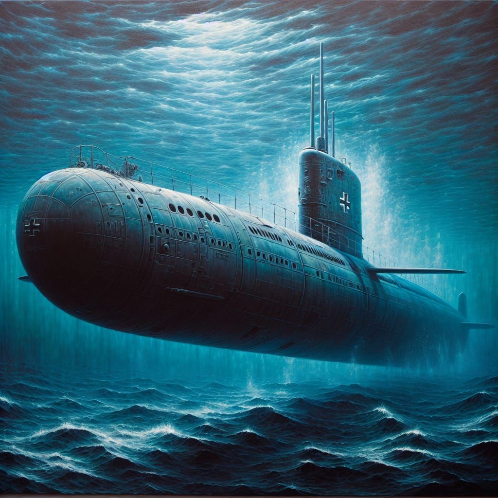 U-47 Submarine Underwater: A Detailed Oil Painting