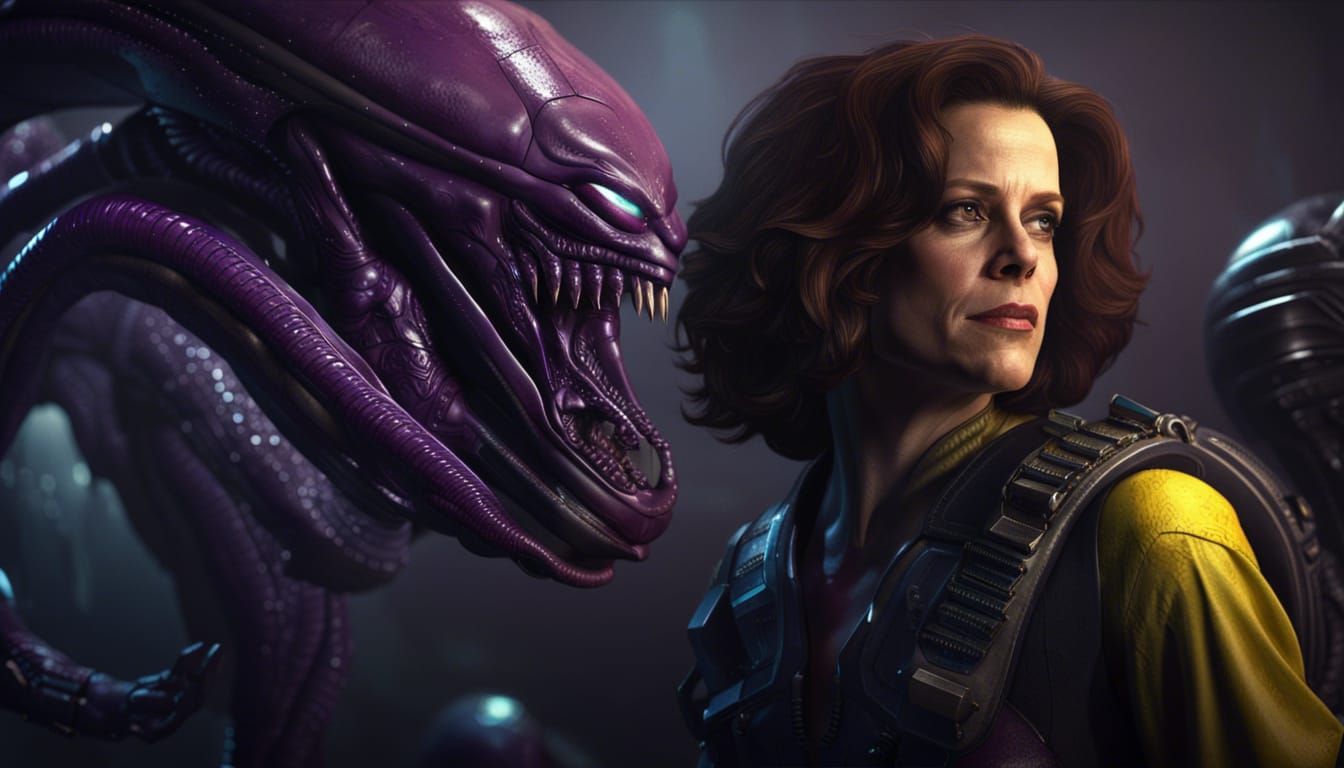 Sigourney Weaver and Alien in Dark Fantasy Style