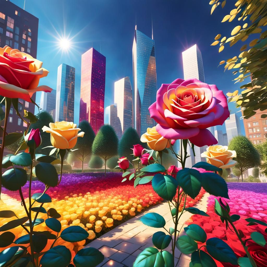 Lush Roses Bloom in Colorful City Garden