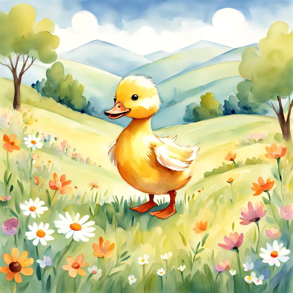 Dancing Duckling in Sunlit Meadow, Storybook Illustration