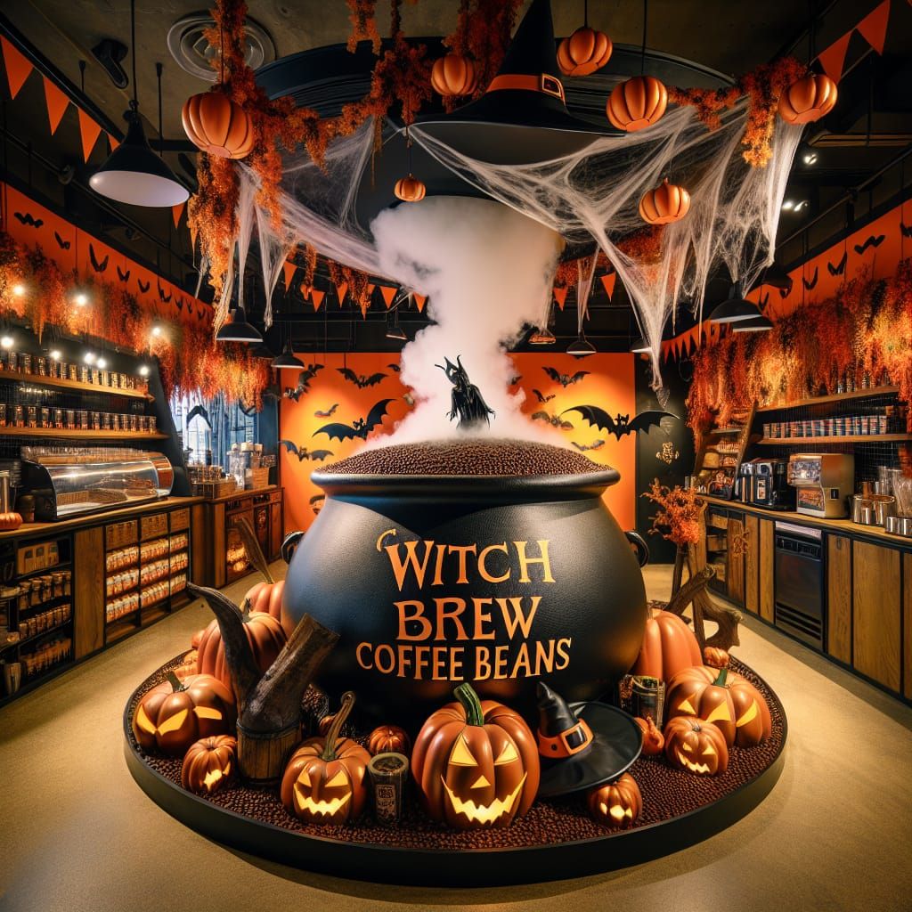 Halloween theme café with a speciality display of Witch Brew...