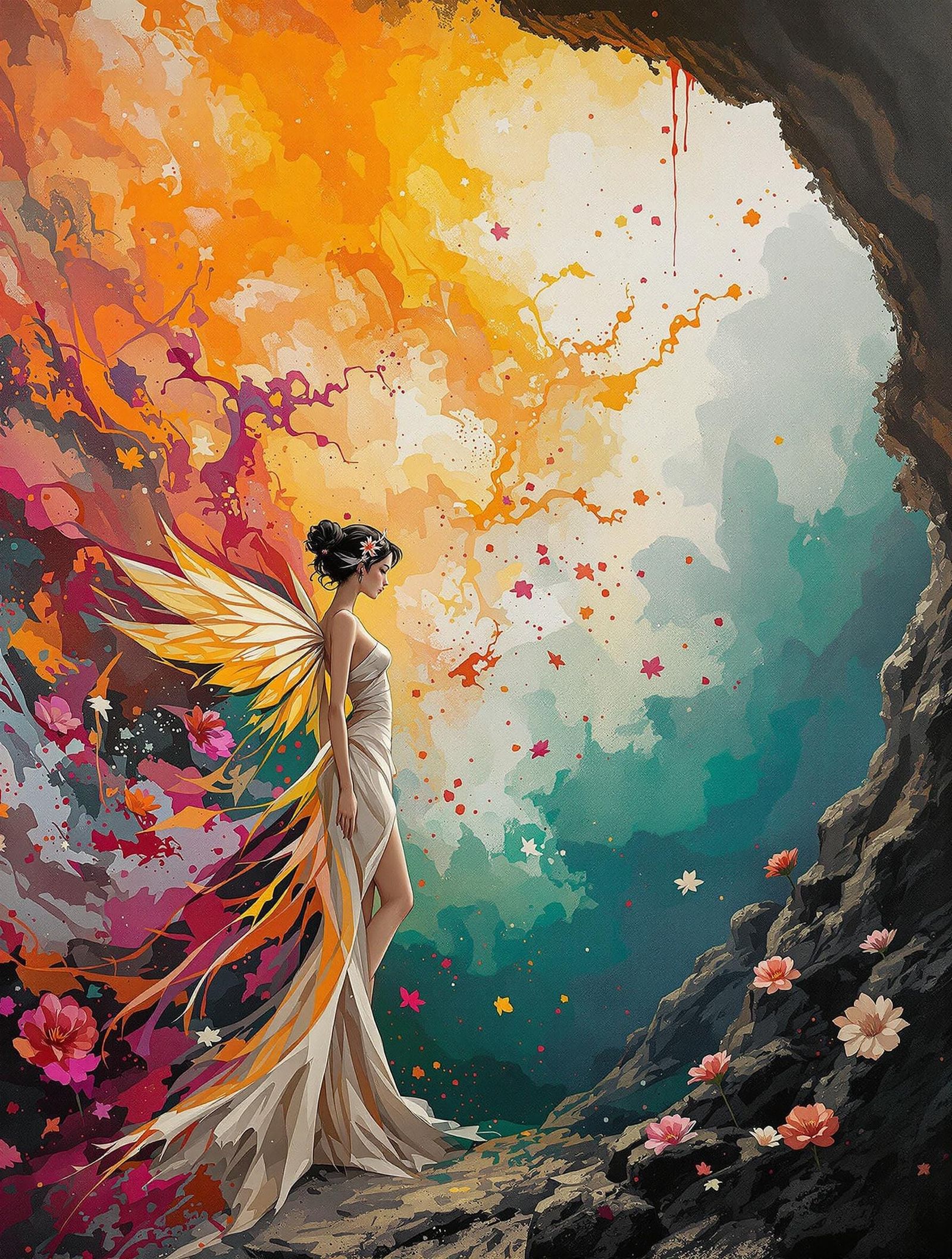 Fairy in Cave Mural with Expressionist Colors