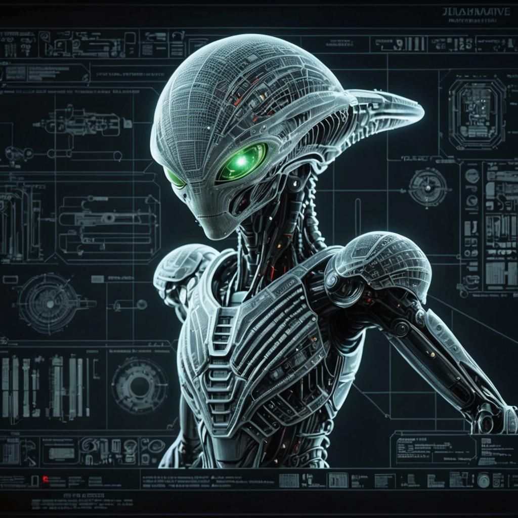 Futuristic Laser Etched Steel Alien Schematic