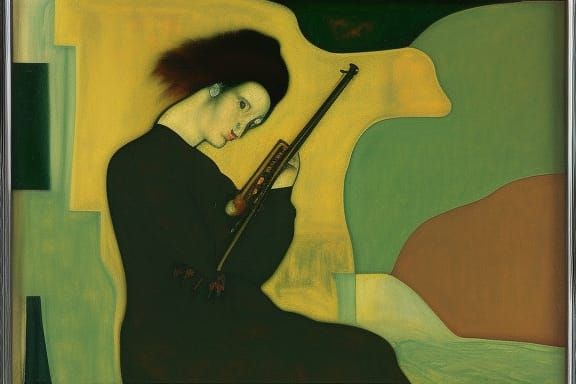 Musician's Shadowy Flute Performance: Oil and Charcoal Art