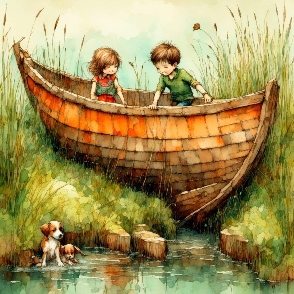 Children Playing by the Sea in Vintage Illustration