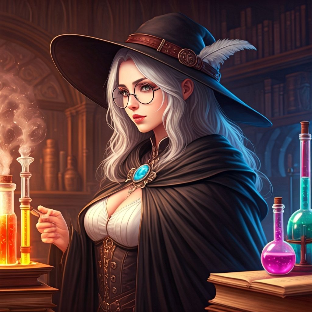 Young Sorceress Brewing Potions in Detailed Laboratory
