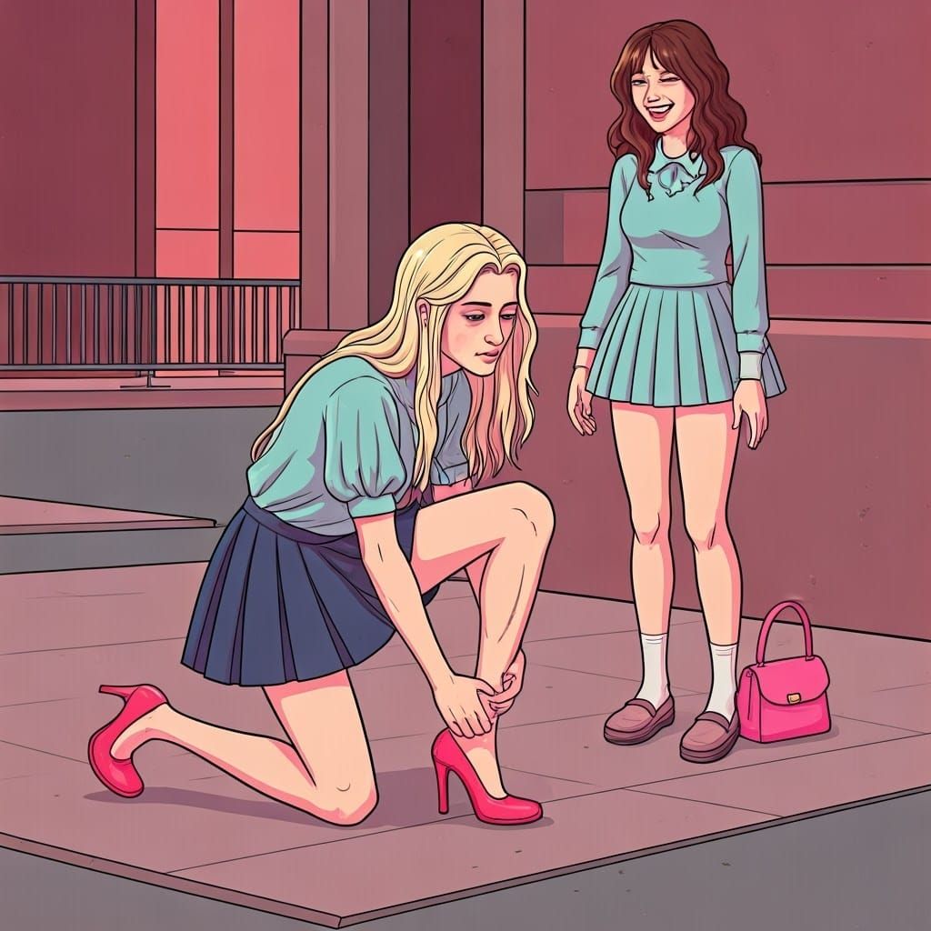 Androgynous Figure Adjusts Stilettos in Vibrant Urban Scene