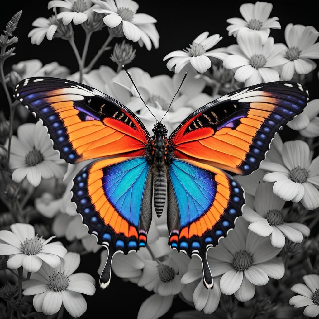 Vibrant Butterfly Against Black and White Backdrop