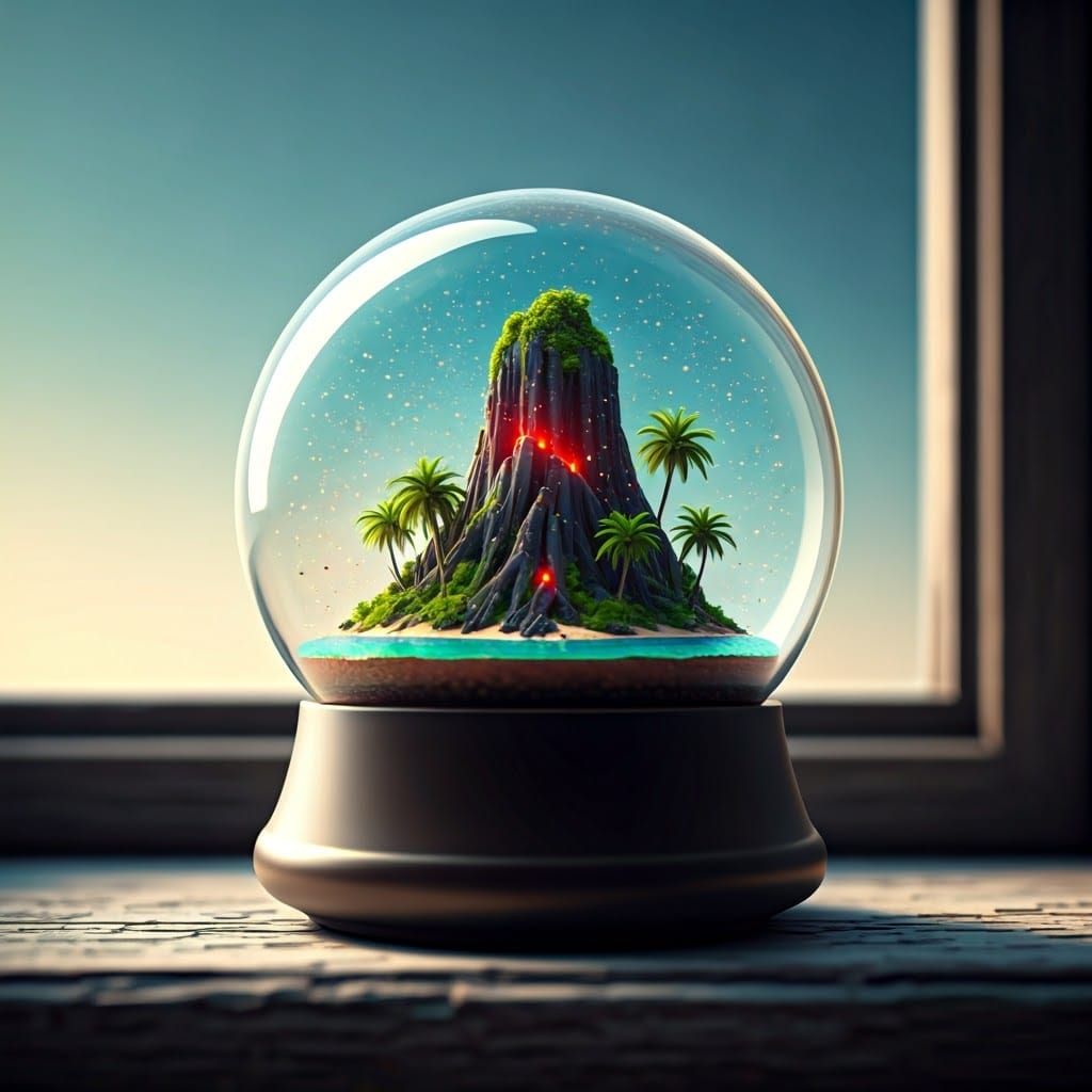 Volcanic Oasis in a Whimsical Snow Globe Scene