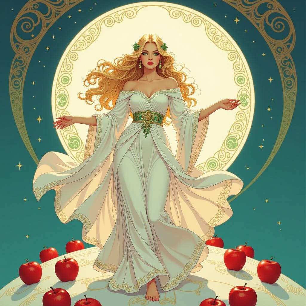Blonde Woman Dances on Apple Moon, Art Nouveau Style