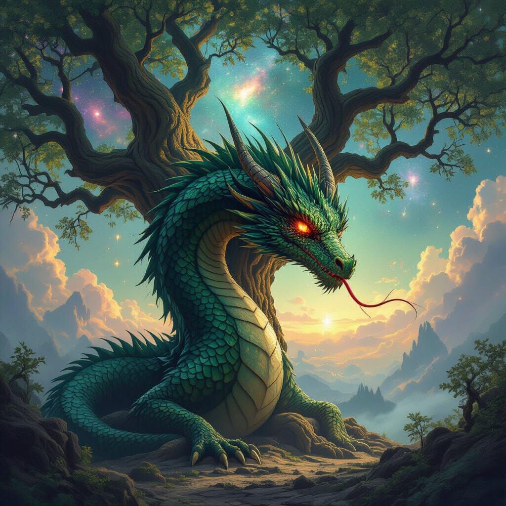 Yggdrasil Dragon Amidst Cosmic Tree