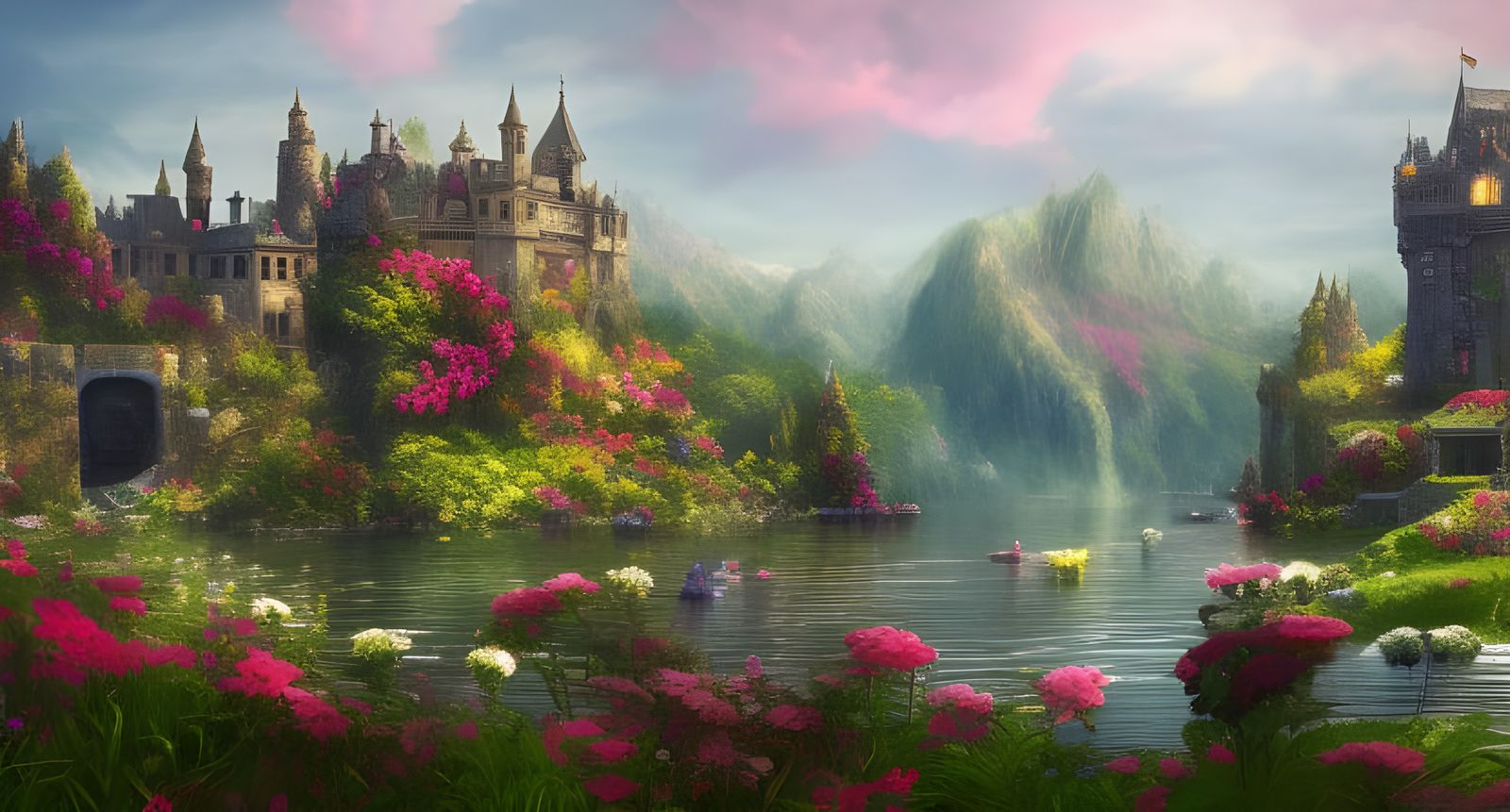 Fantastical Castle Overlooking a Lake in Matte Painting Styl...