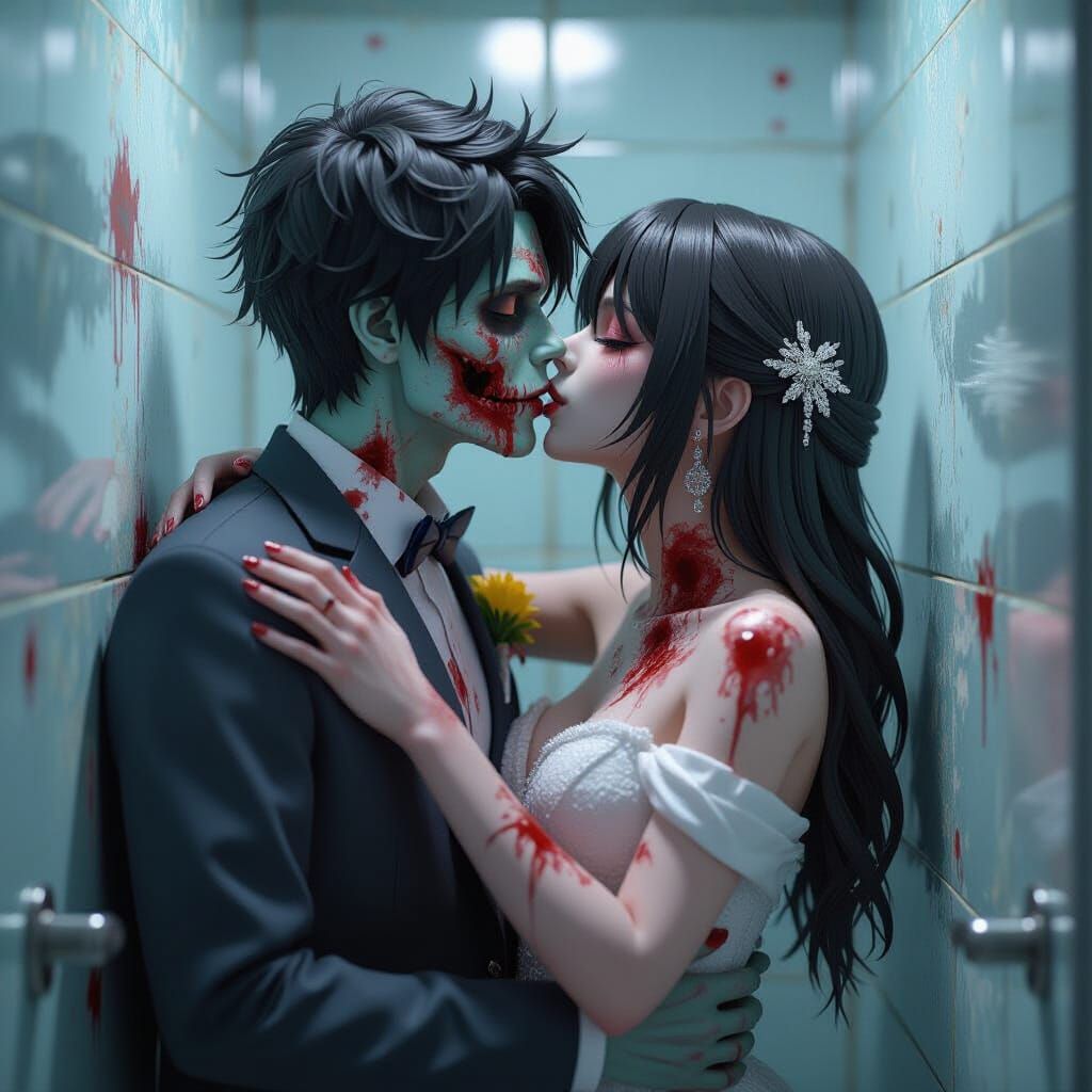 Zombie Couple's Passionate Kiss at Prom in 3D Anime Style