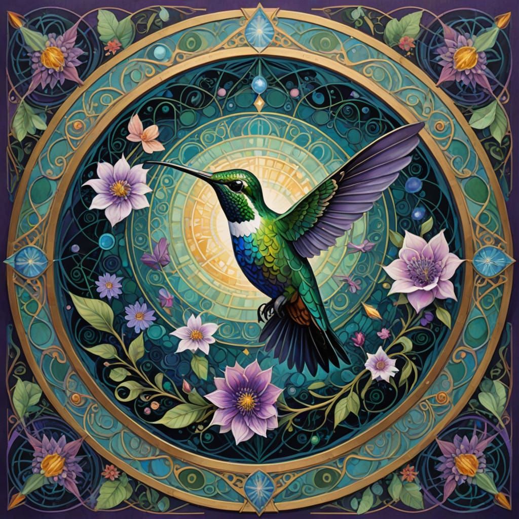 Iridescent Hummingbird at the Heart of a Whirling Gouache Ma...