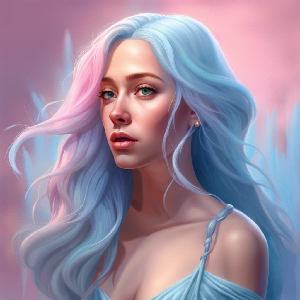 Pink-Haired Woman in Blue Gown: Hyperrealistic Portrait