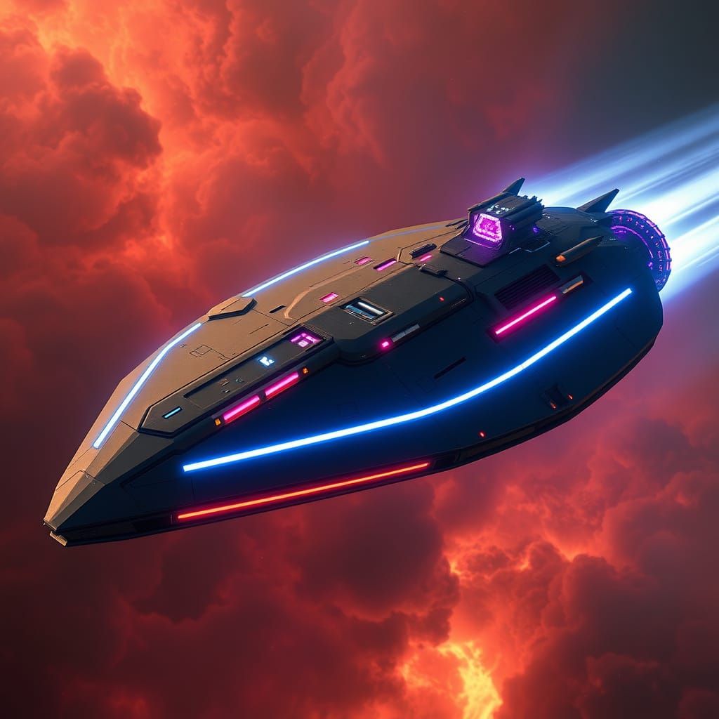 Epic Futuristic Spaceship Destroyer in Neon-Lit Nebula
