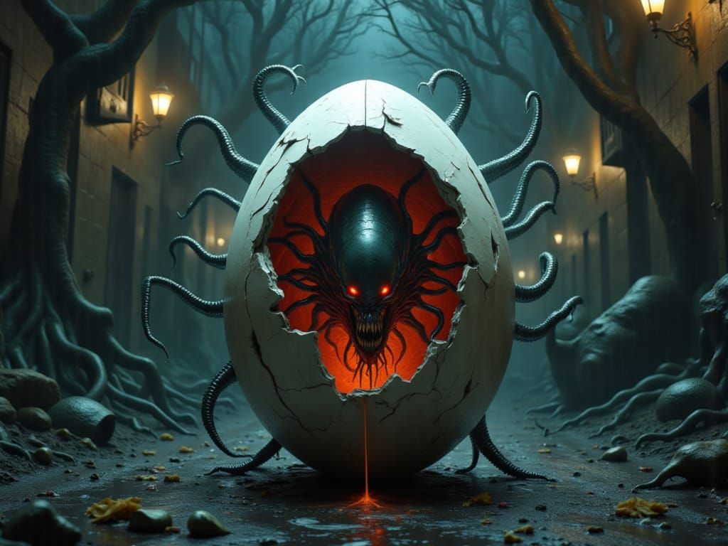 Xenomorph Emerging From Cracked Egg on Street