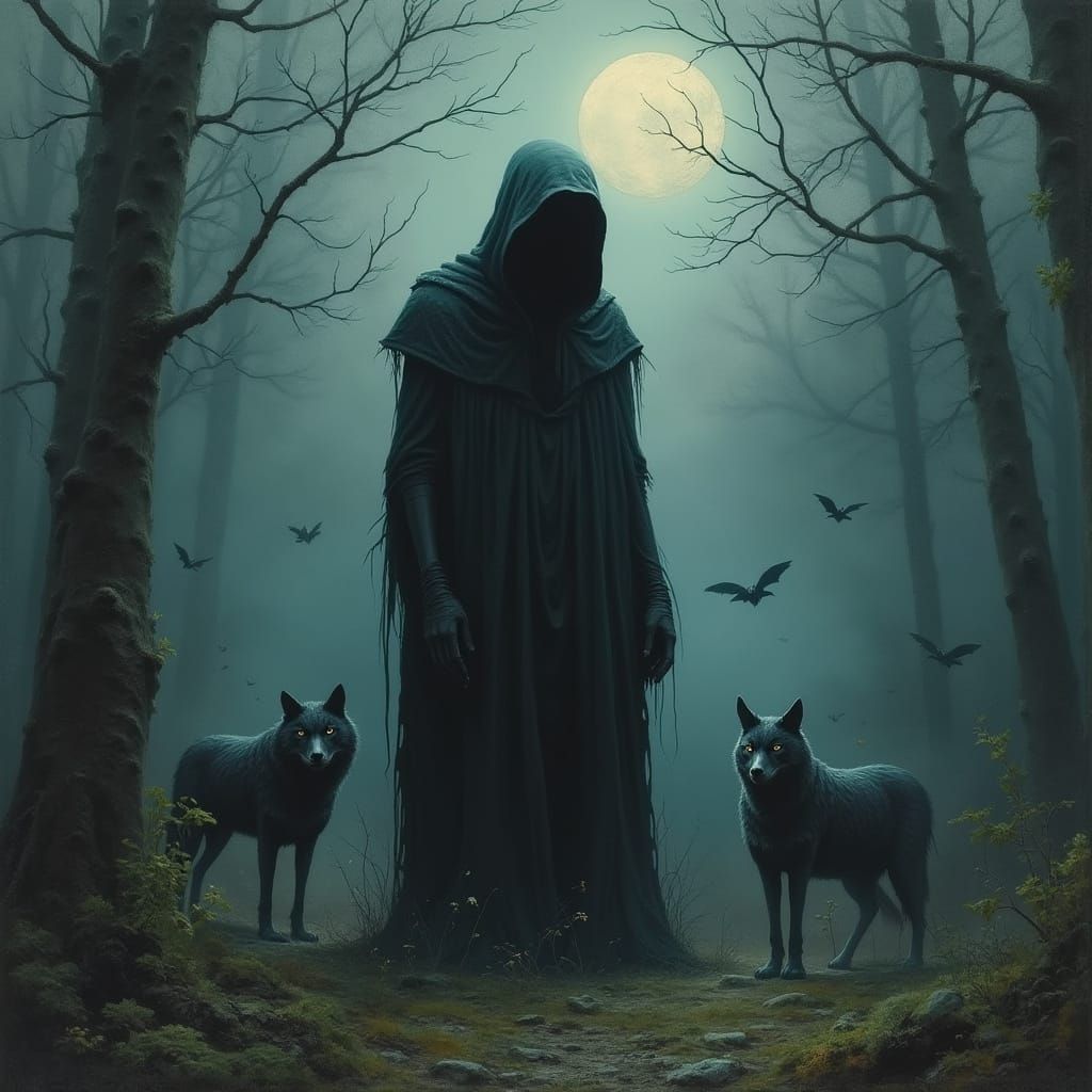 A Melancholic Figure Surrounded by Nocturnal Creatures in a ...