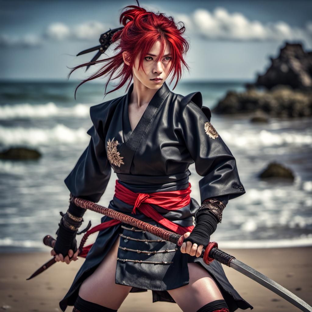 Hyperrealistic Samurai Maid on Beach with Rapier