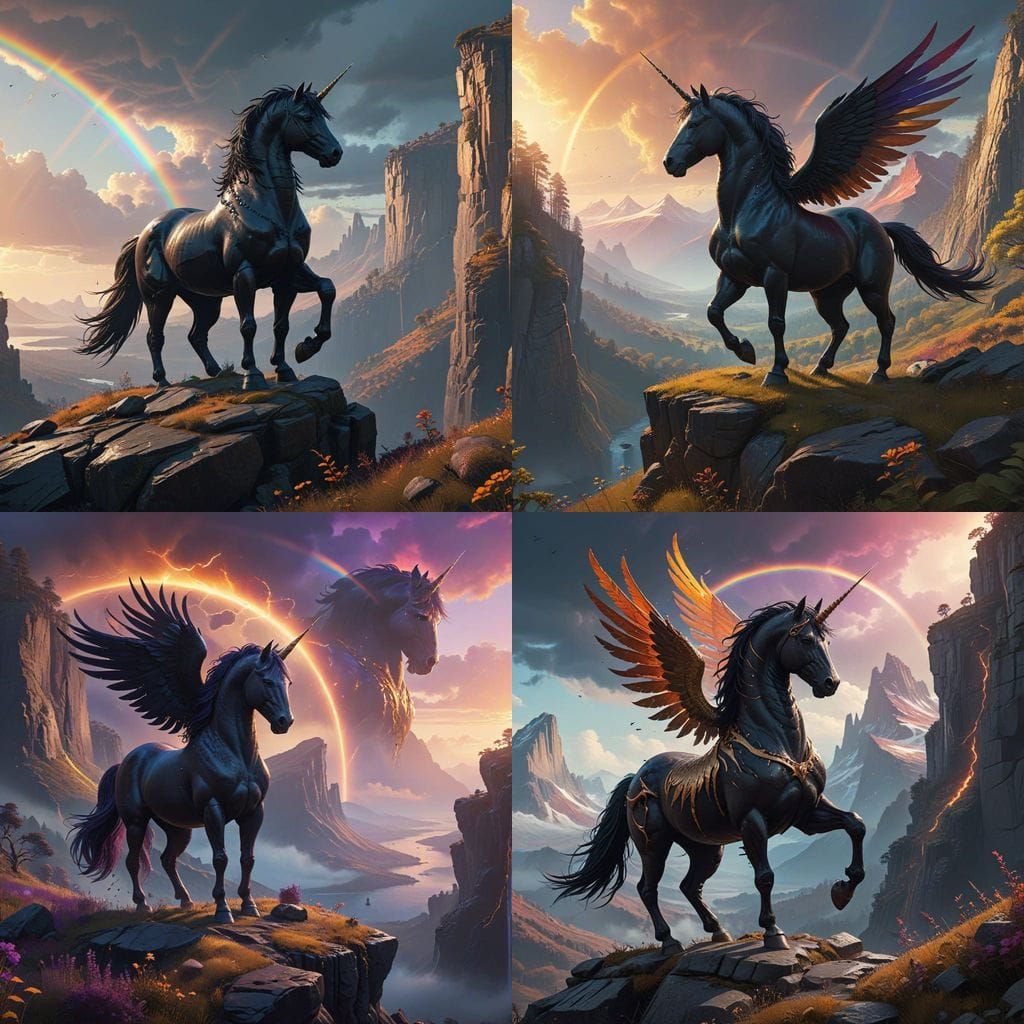 Ethereal Fantasy Scene with a Majestic Black Unicorn in a Vi...