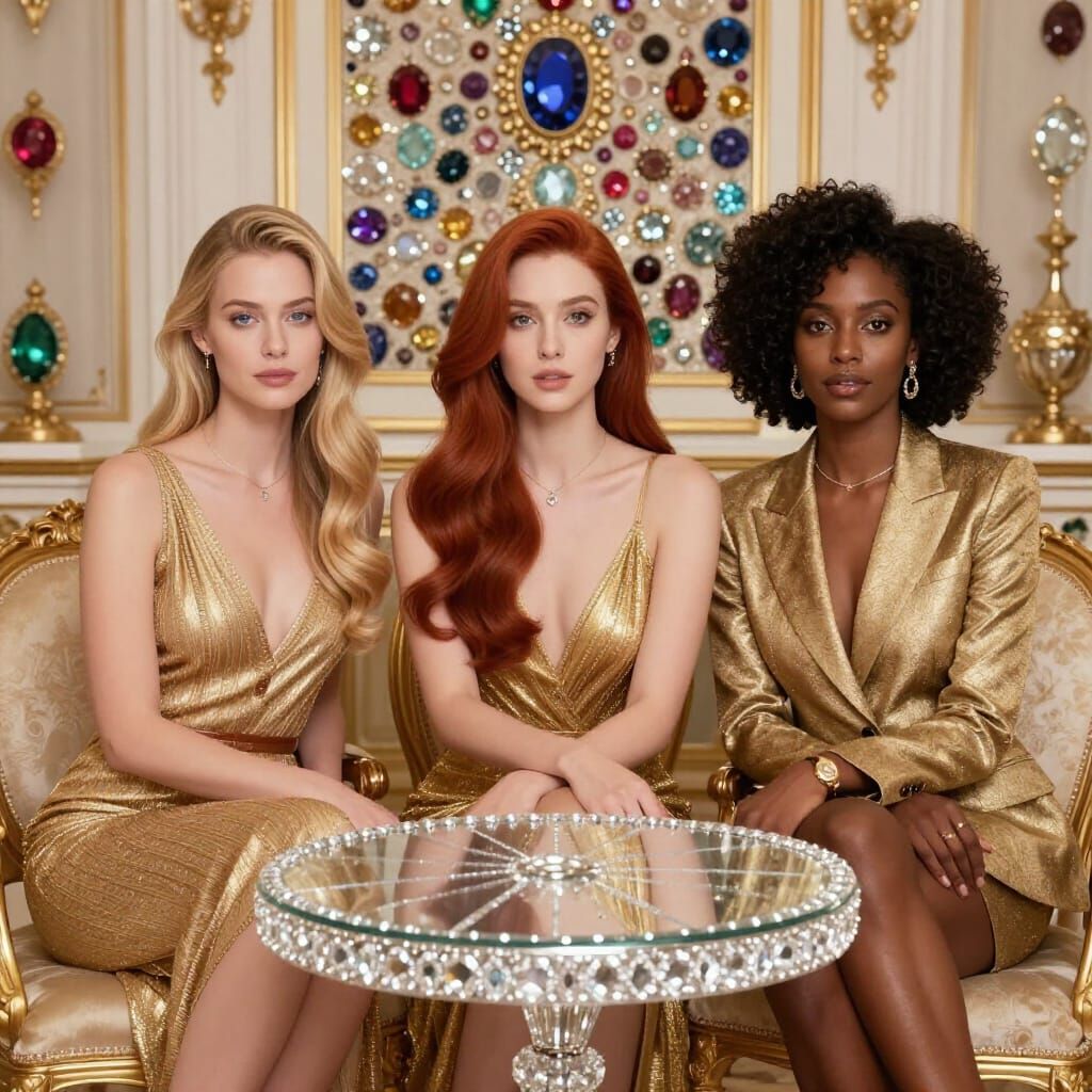 Three Women in Golden Attire Amidst Gemstones