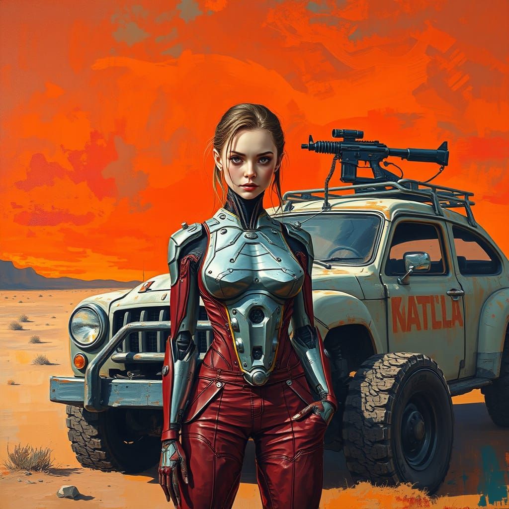 Cyborg Girl in Post-Apocalyptic Landscape with Machinegun Ca...