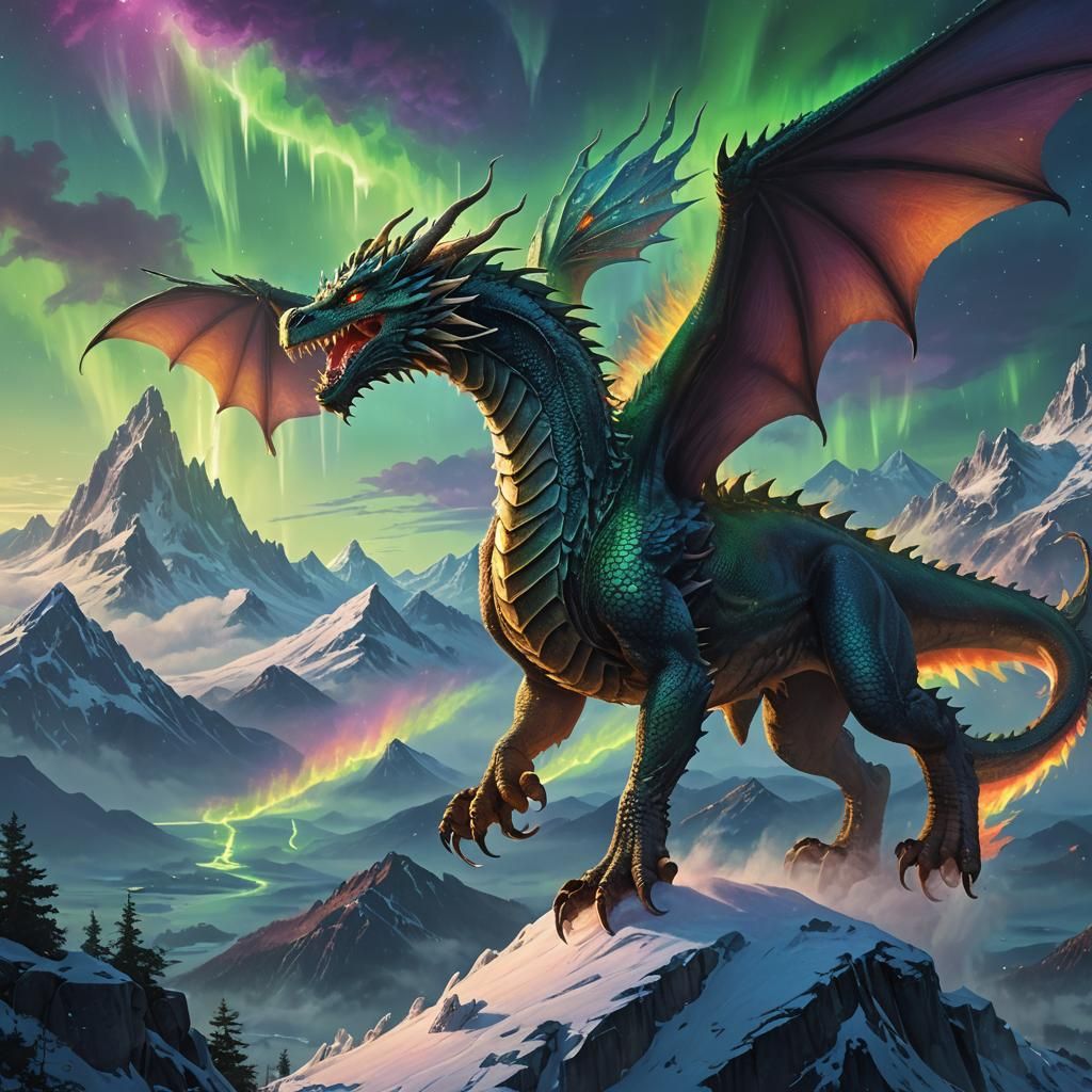 Majestic Dragon in Aurora Borealis Landscape