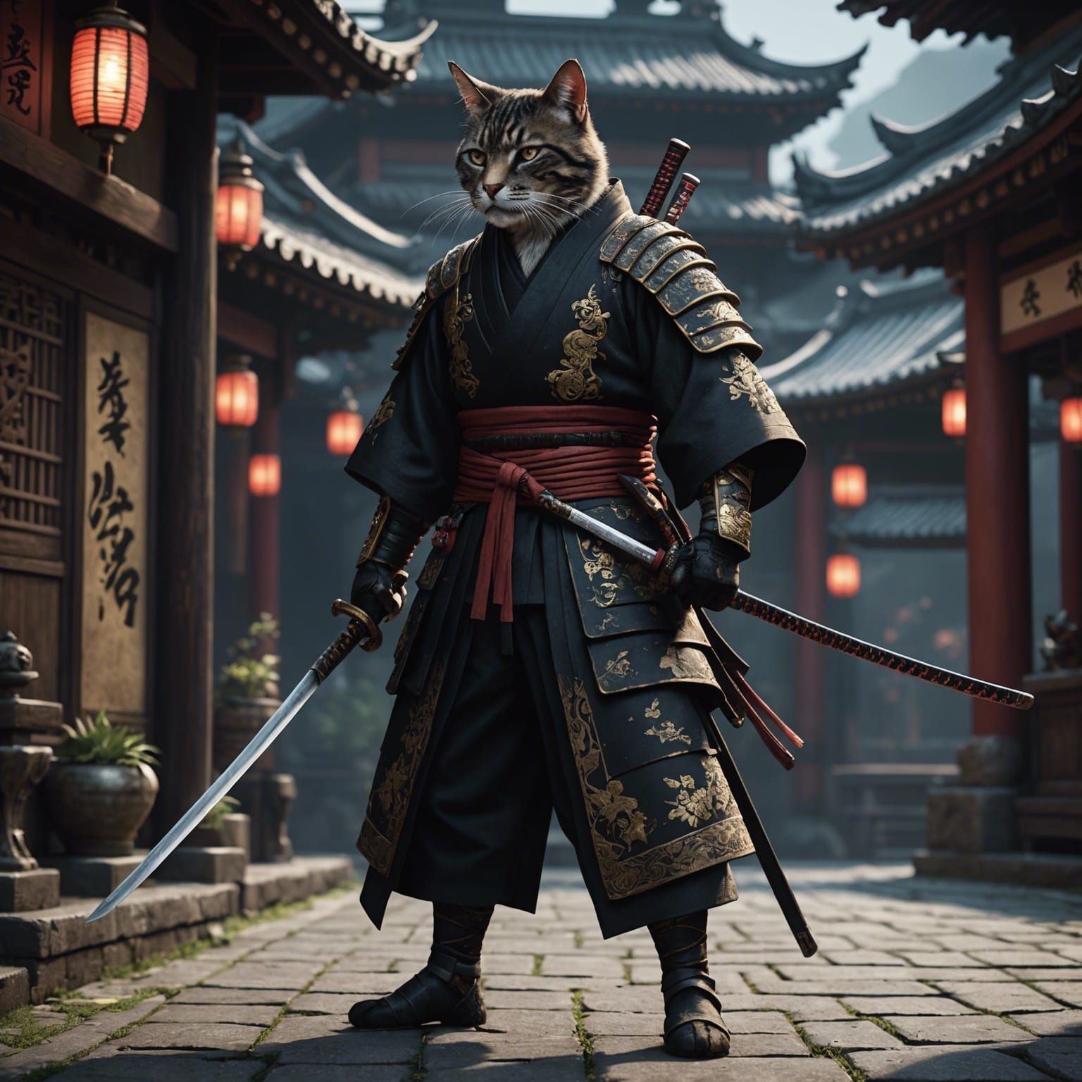Hyperdetailed Catfolk Samurai in Dark Kimono