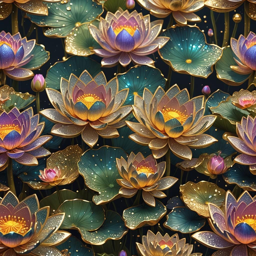 Crystal Lotus Flowers with Pointillist Gold Border
