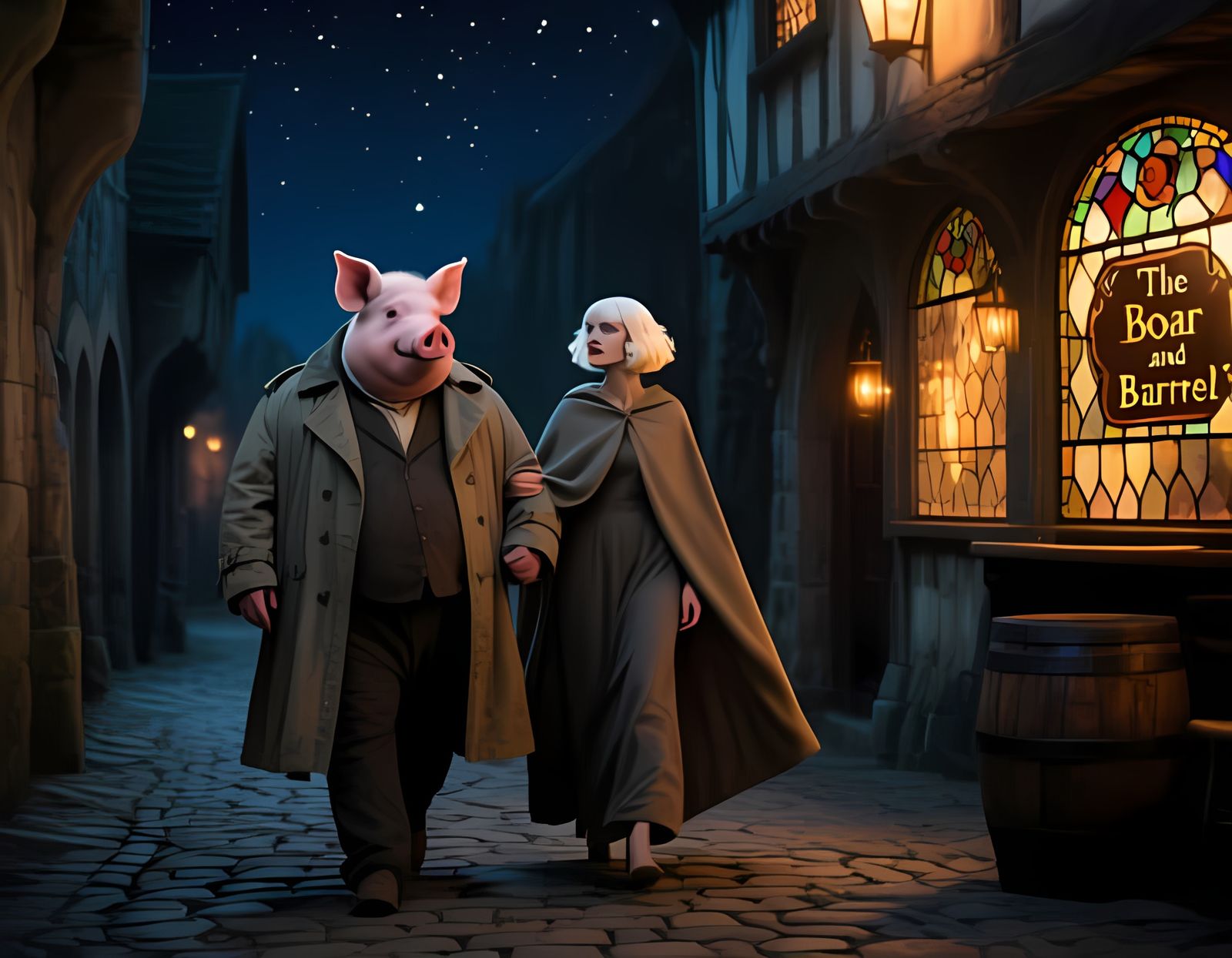 Man with Pig Head and Woman in Medieval Alley