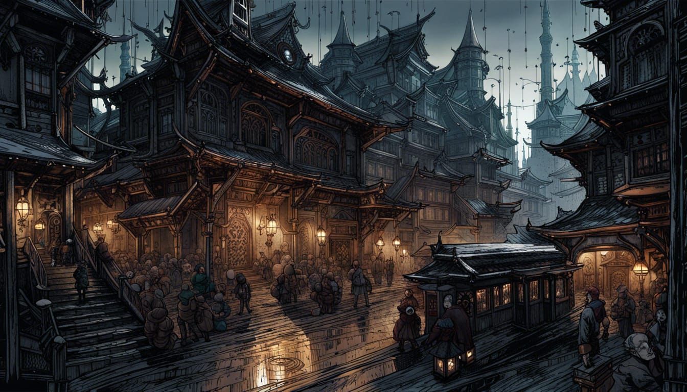 Vampire Cityscape Concept Art in Detailed Line Art