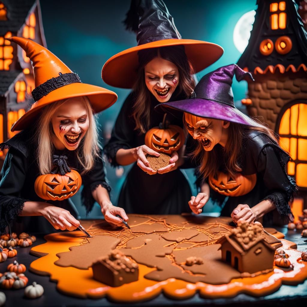 Witches Create Gingerbread Town in Splash Art Style