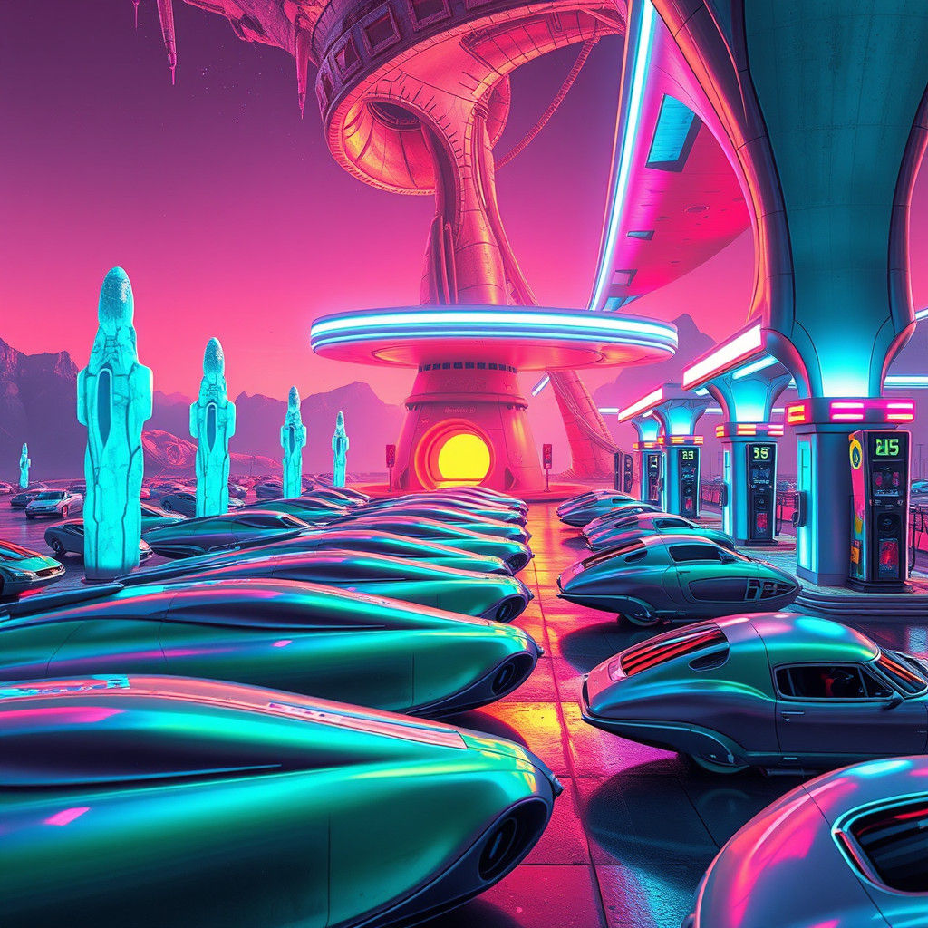 Vibrant Alien Gas Station in Retro-Futuristic Style