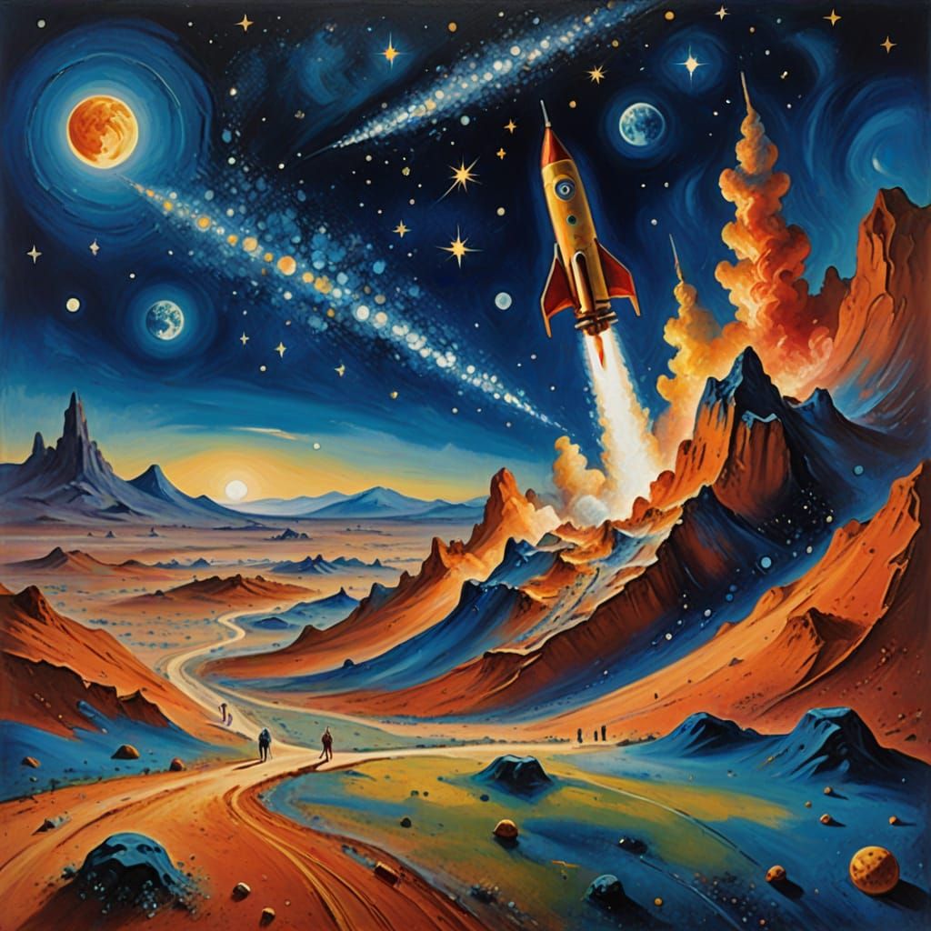 Surreal Rocket Landing on Mars in Dreamy Oil Painting