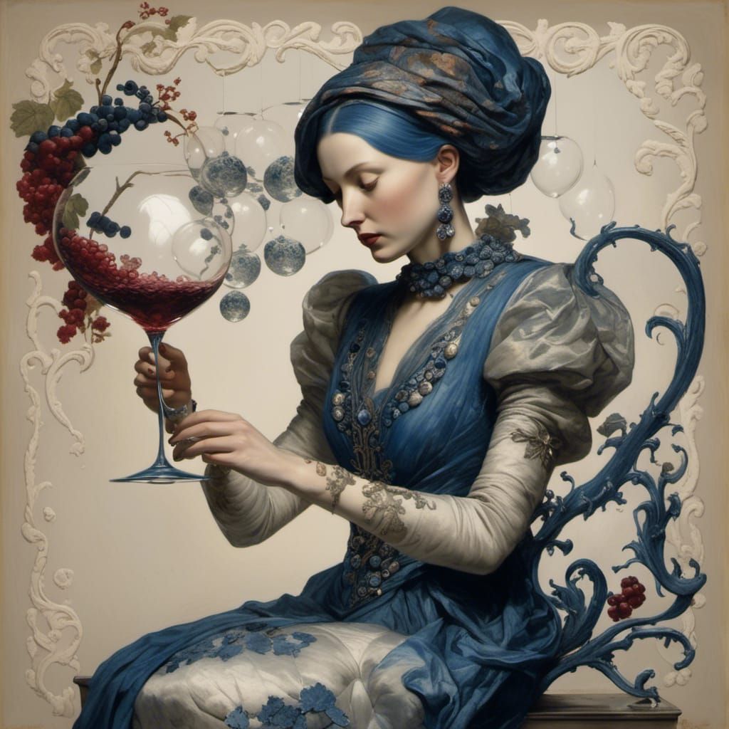 Woman Examines Wine Glass with Indigo Reflections
