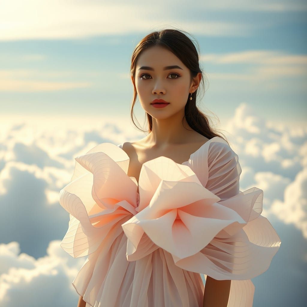 Girl Amidst Celestial Clouds in Origami-Inspired Gown
