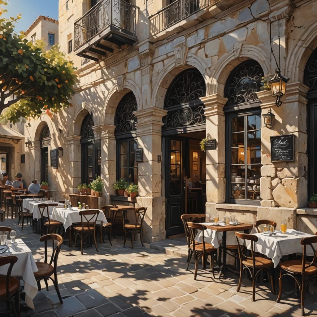 Greek Cafe Restaurant in Impressionist Oil Painting Style