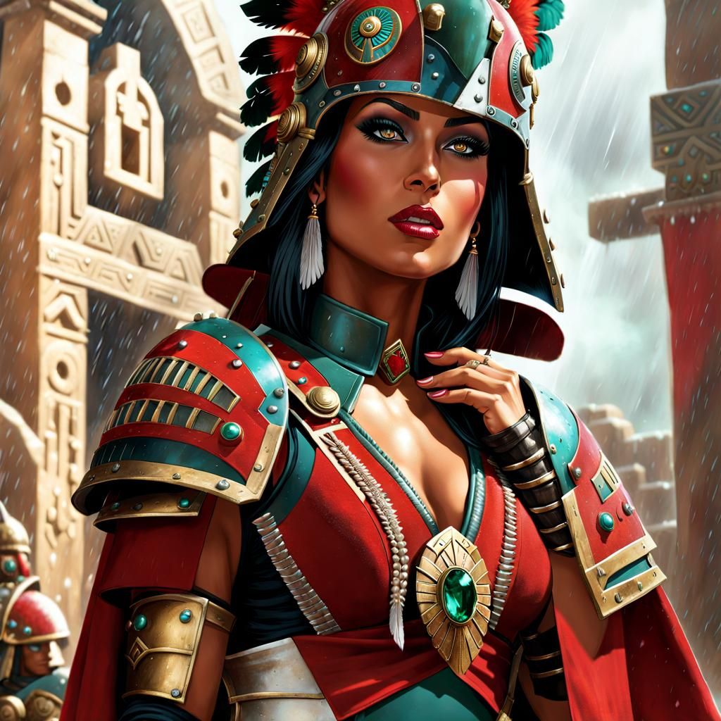 Space Marine Woman with Aztec Headdress in Cyberpunk Armor