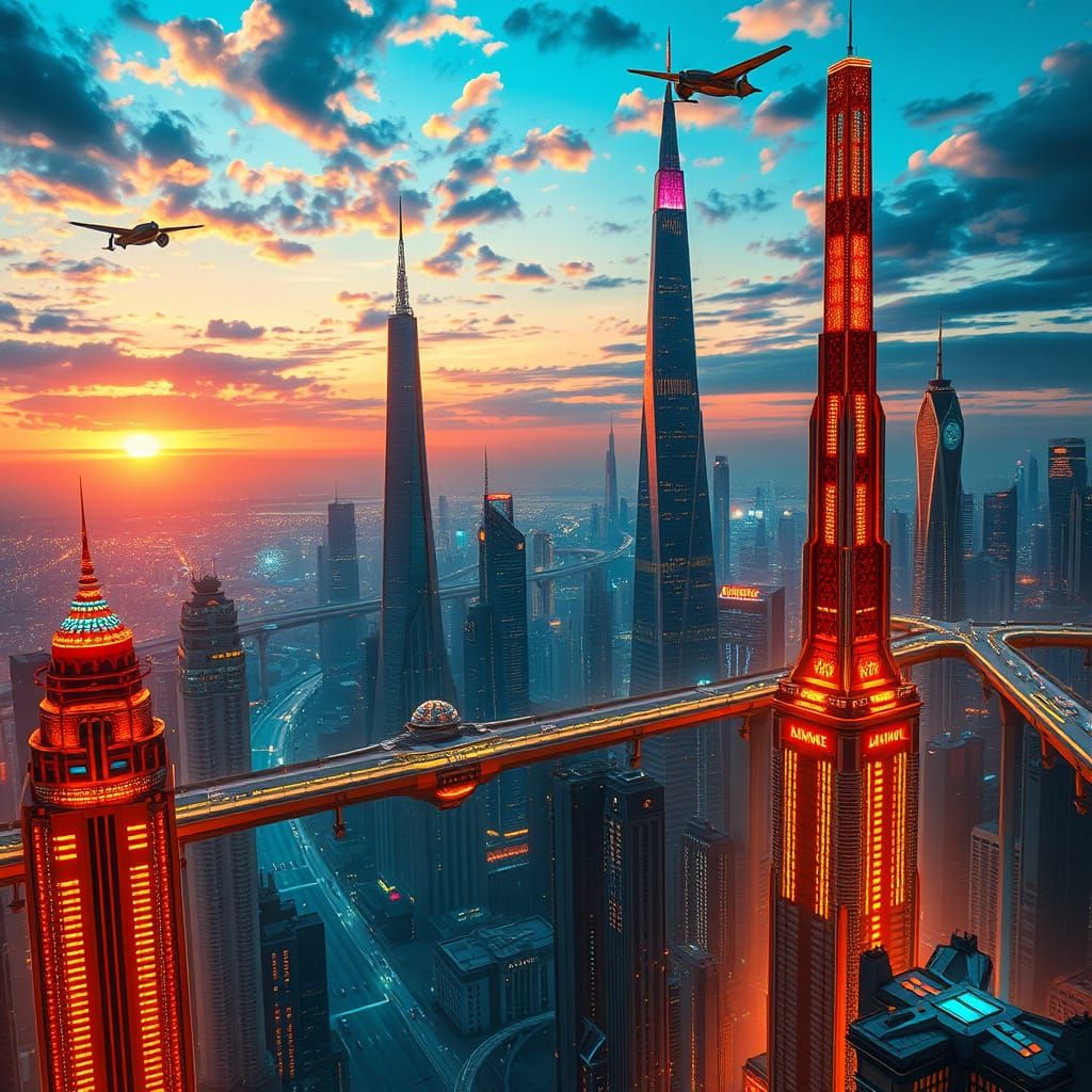 Futuristic Cityscape at Binary Sunset in Hyperrealistic Styl...