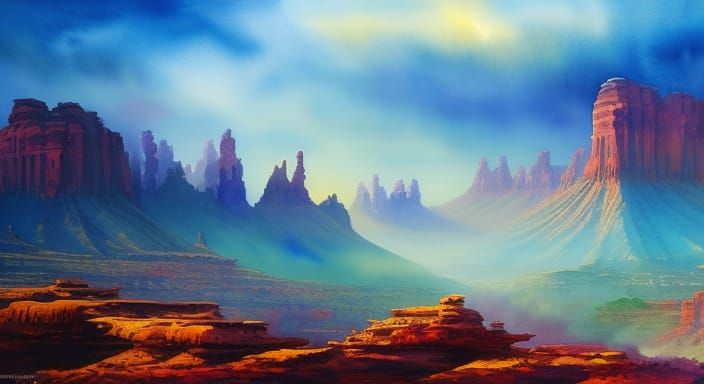 Fantasy Desert Canyonlands in Watercolor Style