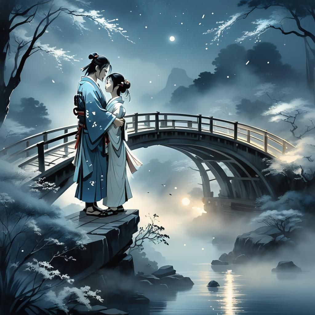 Samurai Embrace on Moonlit Bridge in Ukiyo-e Style