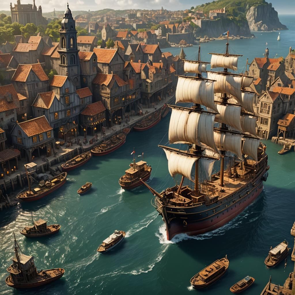 Merchant Ship with Treasure: Detailed Matte Painting