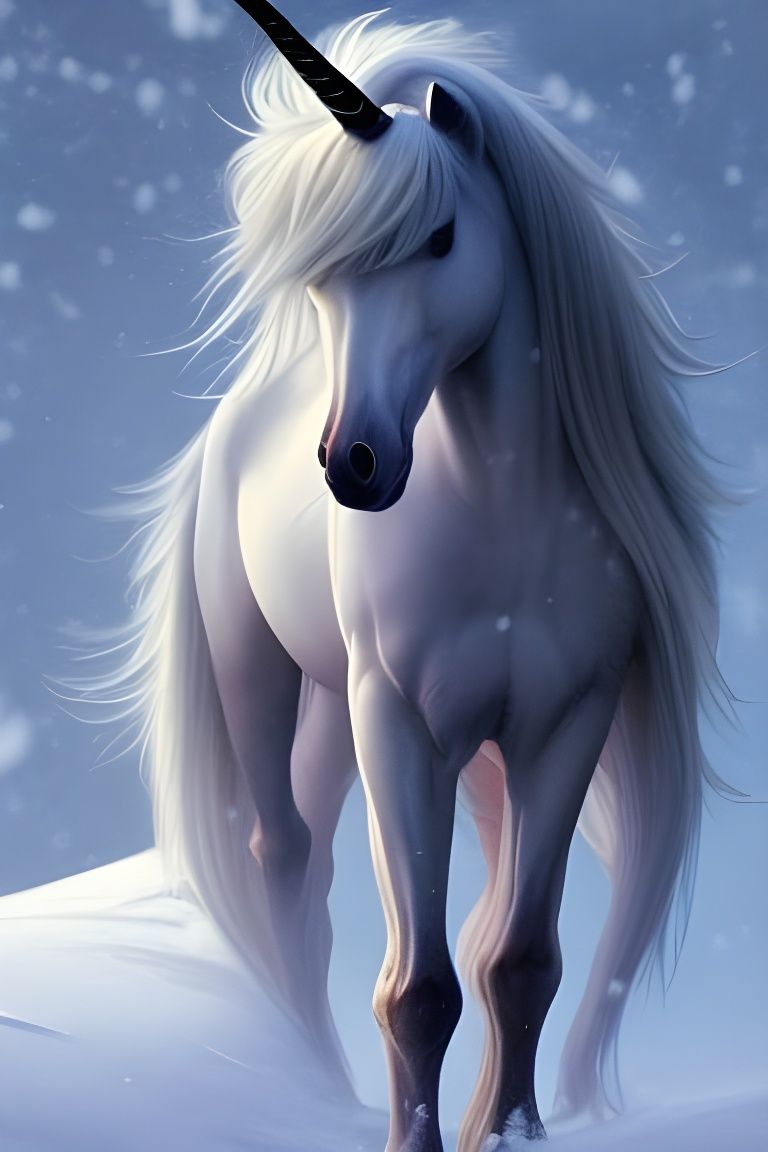 Majestic Unicorn Portrait in Snow, Hyperdetailed Art