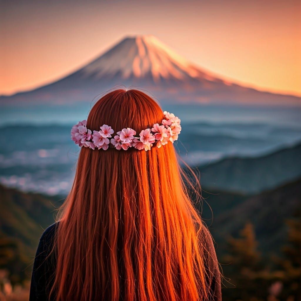 Japanese Girl with Cherry Blossoms and Mount Fuji